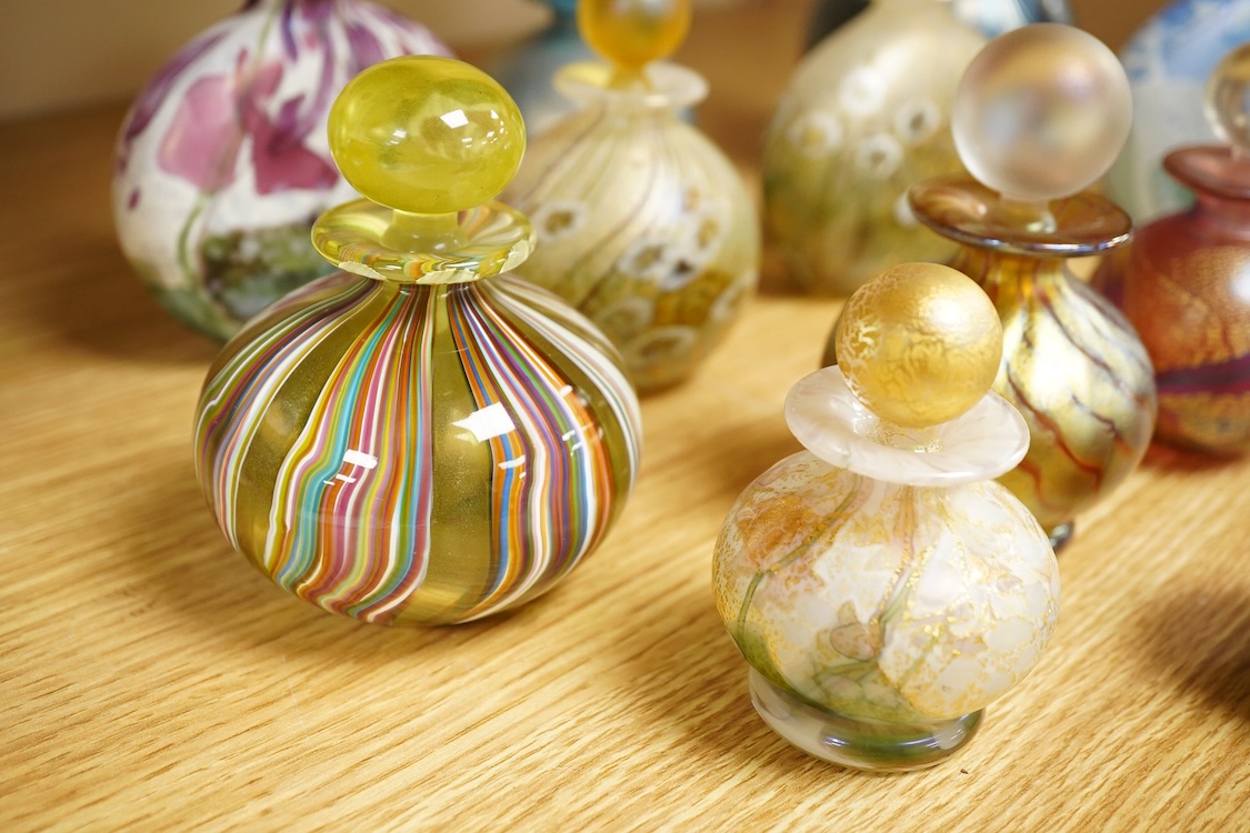 Eleven Isle of Wight studio glass scent bottles and stoppers and a similar apple and pear shaped studio paperweight, tallest scent bottle 13cm high